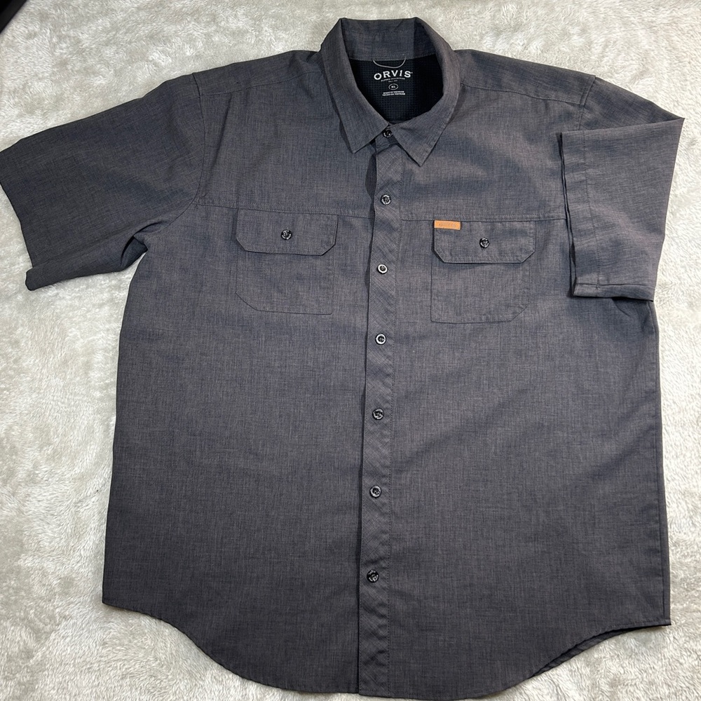 Orvis Shirt Mens XL Grey Pockets Short Sleeve Button-Up Outdoors Hiking Travel